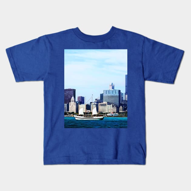 Chicago IL - Schooner Against Chicato Skyline Kids T-Shirt by SusanSavad